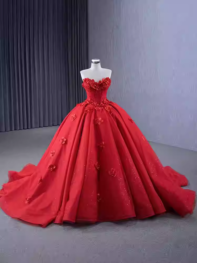 Striking Strapless Red Ball Gown with Floral Detailing and Flutter Sleeves - Prom Dress, BG065