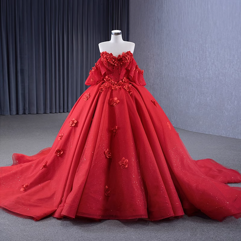 Striking Strapless Red Ball Gown with Floral Detailing and Flutter Sleeves - Prom Dress, BG065