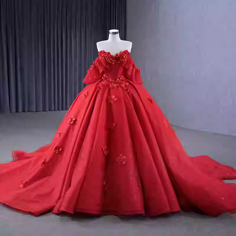 Striking Strapless Red Ball Gown with Floral Detailing and Flutter Sleeves - Prom Dress, BG065
