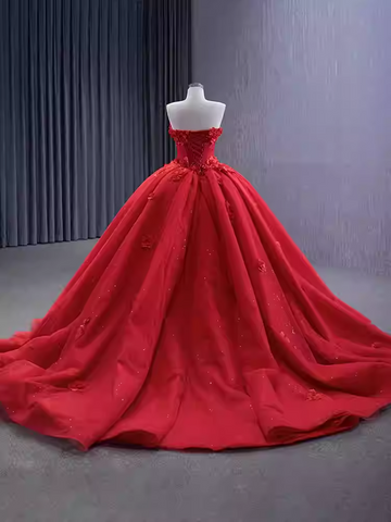 Striking Strapless Red Ball Gown with Floral Detailing and Flutter Sleeves - Prom Dress, BG065