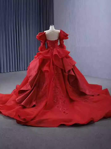 Glamorous Strapless Red Ball Gown with Puffed Sleeves and Floral Embroidery - Prom Dress, BG066
