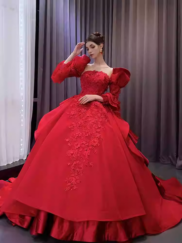 Glamorous Strapless Red Ball Gown with Puffed Sleeves and Floral Embroidery - Prom Dress, BG066