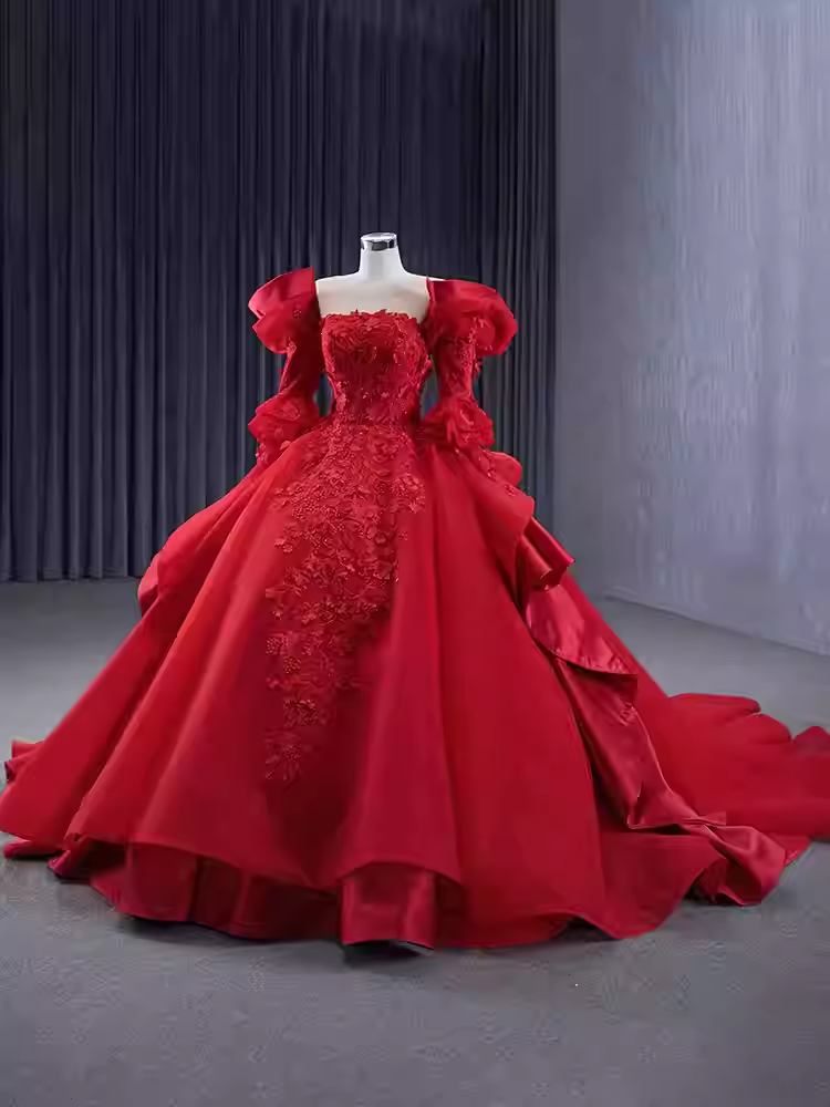 Glamorous Strapless Red Ball Gown with Puffed Sleeves and Floral Embroidery - Prom Dress, BG066