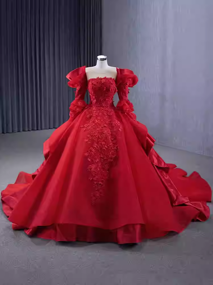 Glamorous Strapless Red Ball Gown with Puffed Sleeves and Floral Embroidery - Prom Dress, BG066