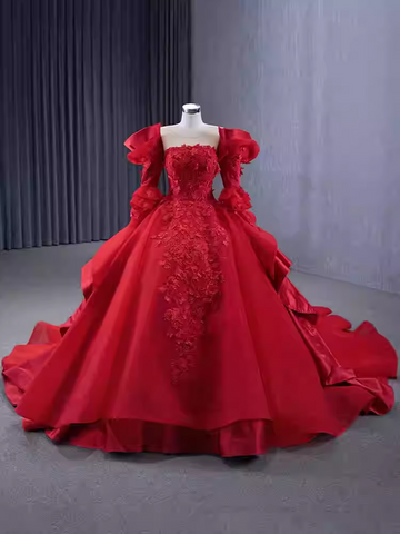 Glamorous Strapless Red Ball Gown with Puffed Sleeves and Floral Embroidery - Prom Dress, BG066