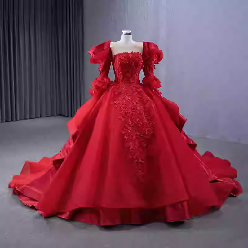 Glamorous Strapless Red Ball Gown with Puffed Sleeves and Floral Embroidery - Prom Dress, BG066