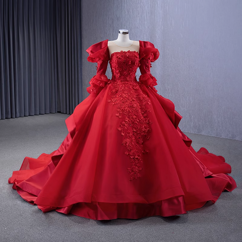 Glamorous Strapless Red Ball Gown with Puffed Sleeves and Floral Embroidery - Prom Dress, BG066