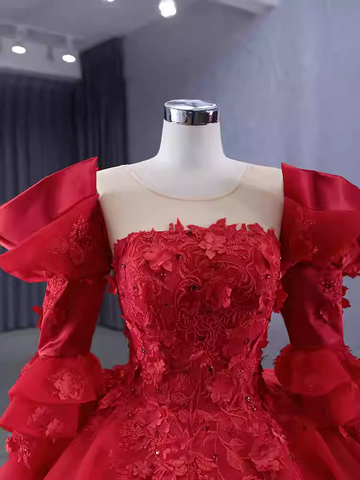 Glamorous Strapless Red Ball Gown with Puffed Sleeves and Floral Embroidery - Prom Dress, BG066
