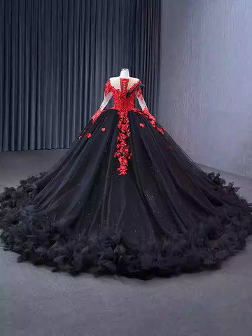 Exquisite Off - Shoulder Black and Red Floral - Embellished Ball Gown - Prom Dress, BG067