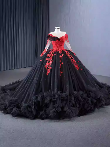 Exquisite Off - Shoulder Black and Red Floral - Embellished Ball Gown - Prom Dress, BG067