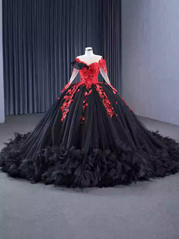 Exquisite Off - Shoulder Black and Red Floral - Embellished Ball Gown - Prom Dress, BG067