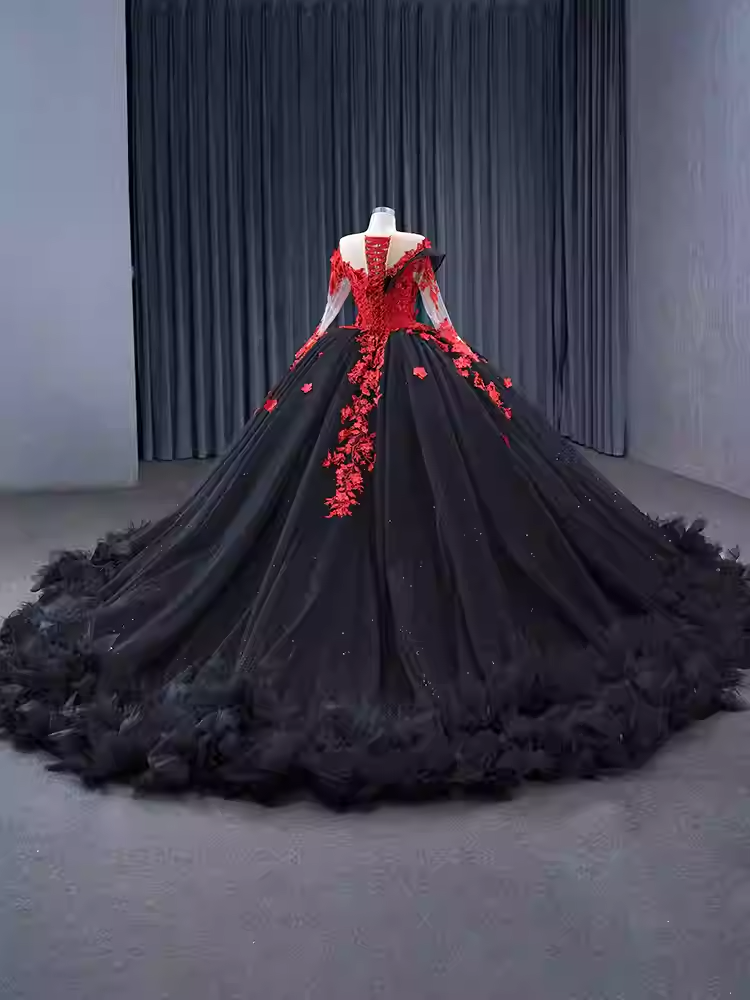 Exquisite Off - Shoulder Black and Red Floral - Embellished Ball Gown - Prom Dress, BG067
