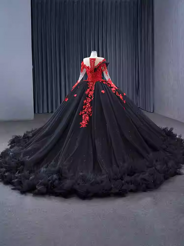 Exquisite Off - Shoulder Black and Red Floral - Embellished Ball Gown - Prom Dress, BG067