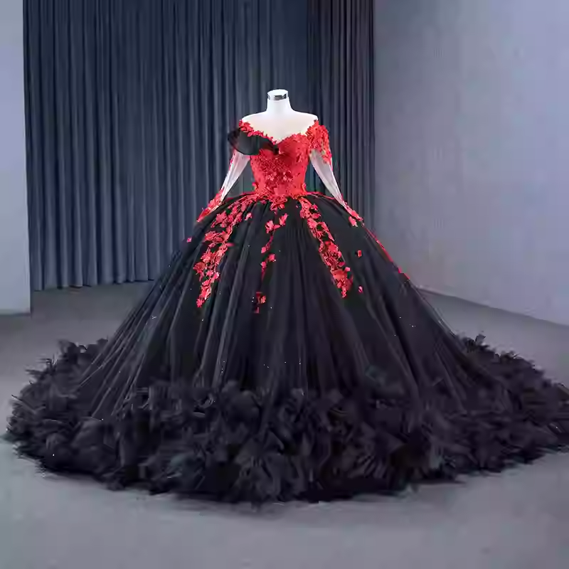 Exquisite Off - Shoulder Black and Red Floral - Embellished Ball Gown - Prom Dress, BG067