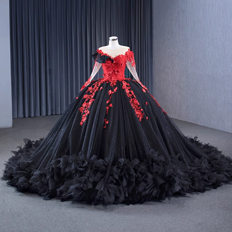 Exquisite Off - Shoulder Black and Red Floral - Embellished Ball Gown - Prom Dress, BG067