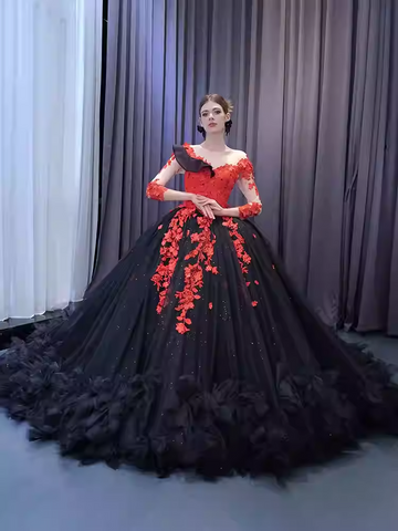 Exquisite Off - Shoulder Black and Red Floral - Embellished Ball Gown - Prom Dress, BG067