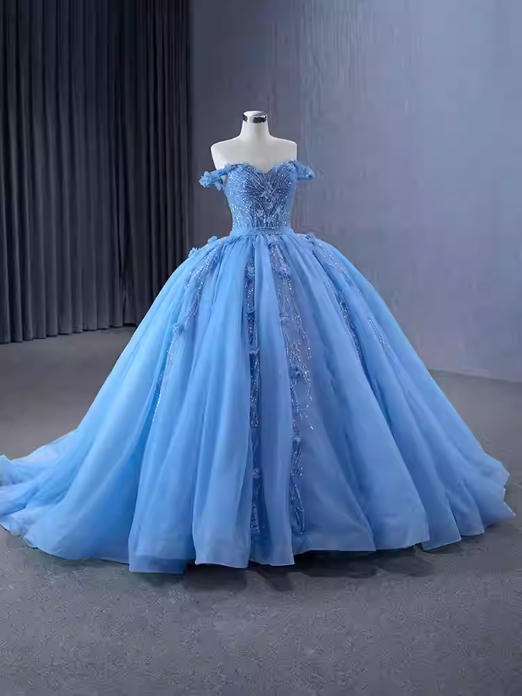 Enchanting Off - Shoulder Light Blue Tulle Ball Gown with Embellishments - Prom Dress, BG068