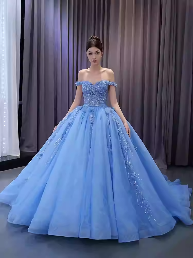 Enchanting Off - Shoulder Light Blue Tulle Ball Gown with Embellishments - Prom Dress, BG068