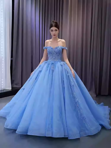 Enchanting Off - Shoulder Light Blue Tulle Ball Gown with Embellishments - Prom Dress, BG068