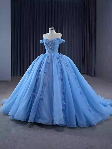 Enchanting Off - Shoulder Light Blue Tulle Ball Gown with Embellishments - Prom Dress, BG068