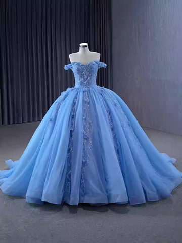 Enchanting Off - Shoulder Light Blue Tulle Ball Gown with Embellishments - Prom Dress, BG068