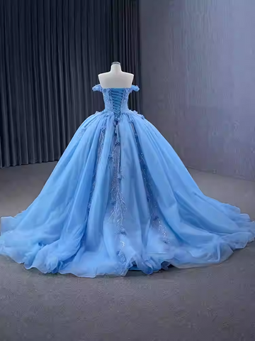 Enchanting Off - Shoulder Light Blue Tulle Ball Gown with Embellishments - Prom Dress, BG068