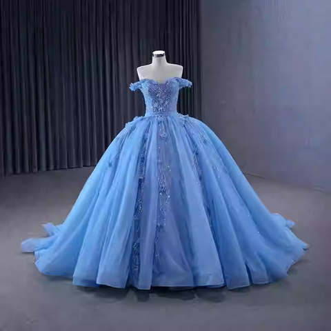 Enchanting Off - Shoulder Light Blue Tulle Ball Gown with Embellishments - Prom Dress, BG068