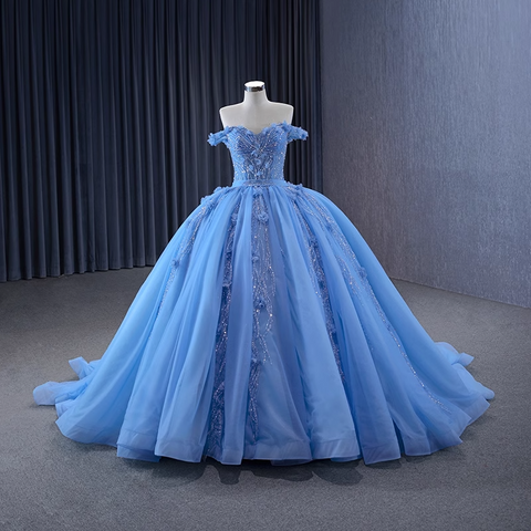 Enchanting Off - Shoulder Light Blue Tulle Ball Gown with Embellishments - Prom Dress, BG068