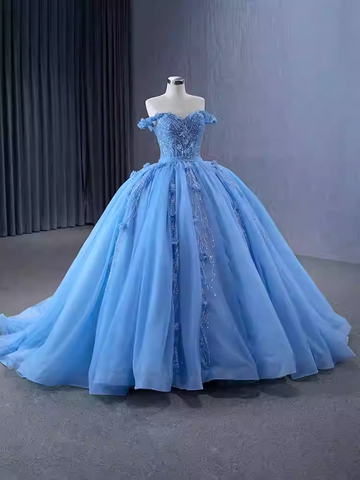 Enchanting Off - Shoulder Light Blue Tulle Ball Gown with Embellishments - Prom Dress, BG068