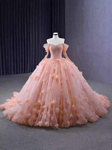 Romantic Off - Shoulder Pink Ball Gown with Long Sleeves and Floral Embellishments - Prom Dress, BG072