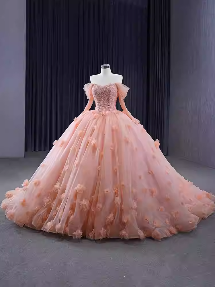 Romantic Off - Shoulder Pink Ball Gown with Long Sleeves and Floral Embellishments - Prom Dress, BG072