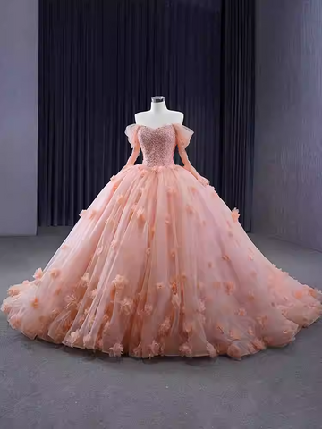 Romantic Off - Shoulder Pink Ball Gown with Long Sleeves and Floral Embellishments - Prom Dress, BG072
