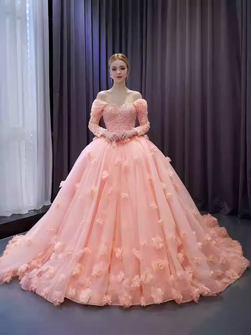 Romantic Off - Shoulder Pink Ball Gown with Long Sleeves and Floral Embellishments - Prom Dress, BG072