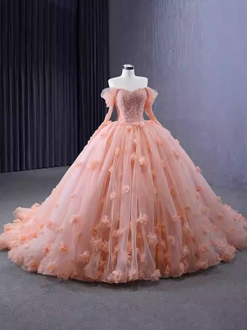 Romantic Off - Shoulder Pink Ball Gown with Long Sleeves and Floral Embellishments - Prom Dress, BG072