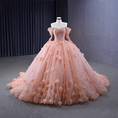 Romantic Off - Shoulder Pink Ball Gown with Long Sleeves and Floral Embellishments - Prom Dress, BG072