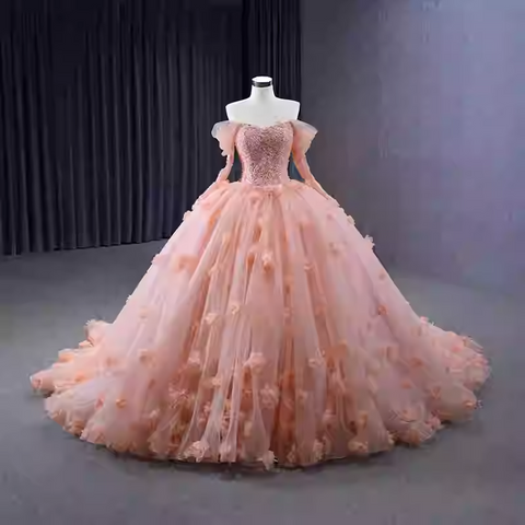 Romantic Off - Shoulder Pink Ball Gown with Long Sleeves and Floral Embellishments - Prom Dress, BG072