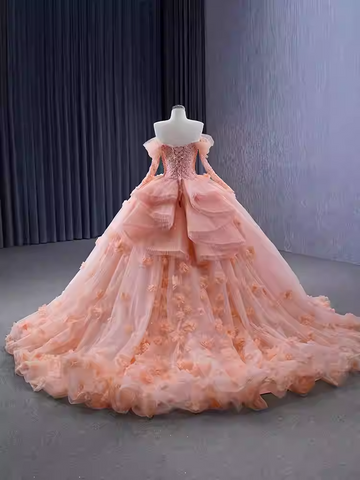 Romantic Off - Shoulder Pink Ball Gown with Long Sleeves and Floral Embellishments - Prom Dress, BG072