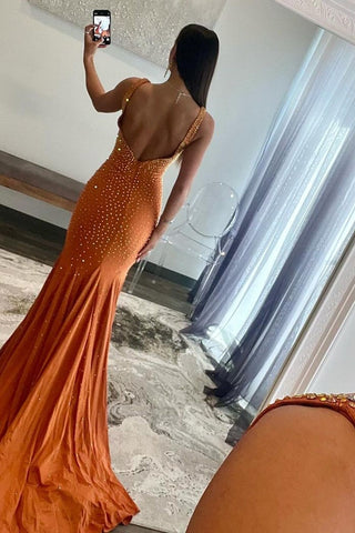Deep V-Neck Mermaid  Beaded Satin Long Prom Dress
