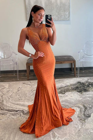 Deep V-Neck Mermaid  Beaded Satin Long Prom Dress