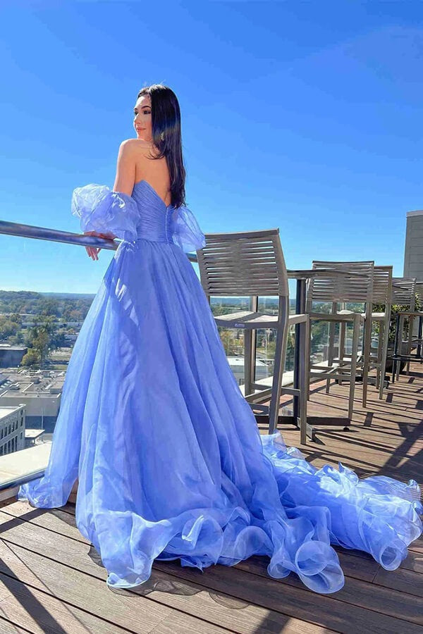 A-line Beautiful Tulle  Puff Sleeves Long Prom Dress, Evening Dress