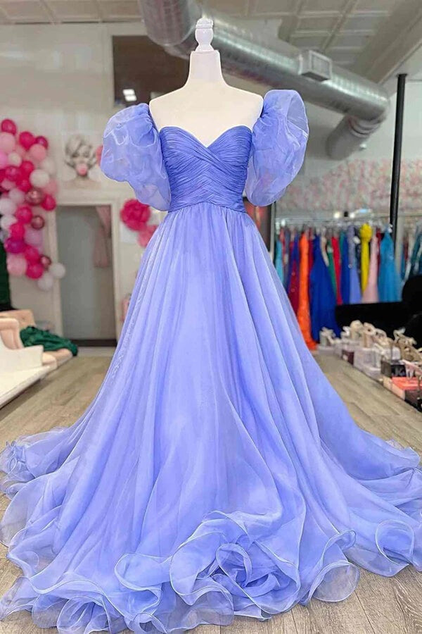 A-line Beautiful Tulle  Puff Sleeves Long Prom Dress, Evening Dress