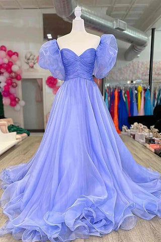 A-line Beautiful Tulle  Puff Sleeves Long Prom Dress, Evening Dress