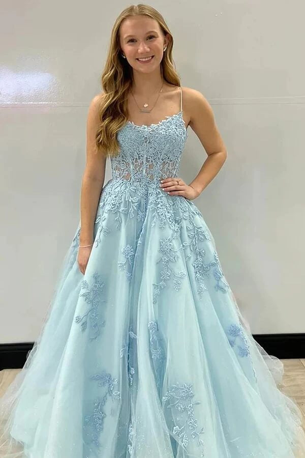 A-line Floor Length Spaghetti Straps  Prom Dresses With Appliques