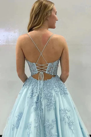 A-line Floor Length Spaghetti Straps  Prom Dresses With Appliques