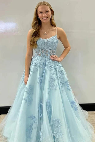 A-line Floor Length Spaghetti Straps  Prom Dresses With Appliques