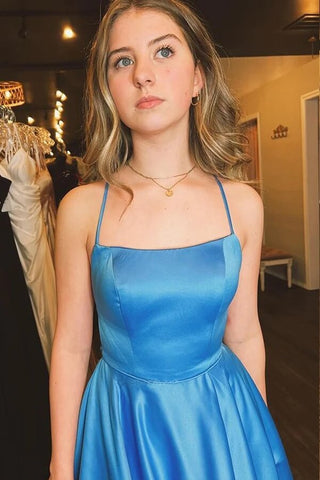 A-line Straps Spaghetti  Satin Side Slit Prom Dresses, Evening Gown