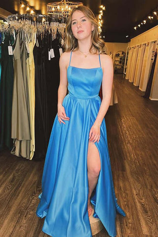 A-line Straps Spaghetti  Satin Side Slit Prom Dresses, Evening Gown