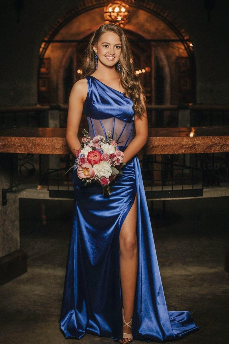Long Sheath One Shoulder Pleated Satin  Prom Dress