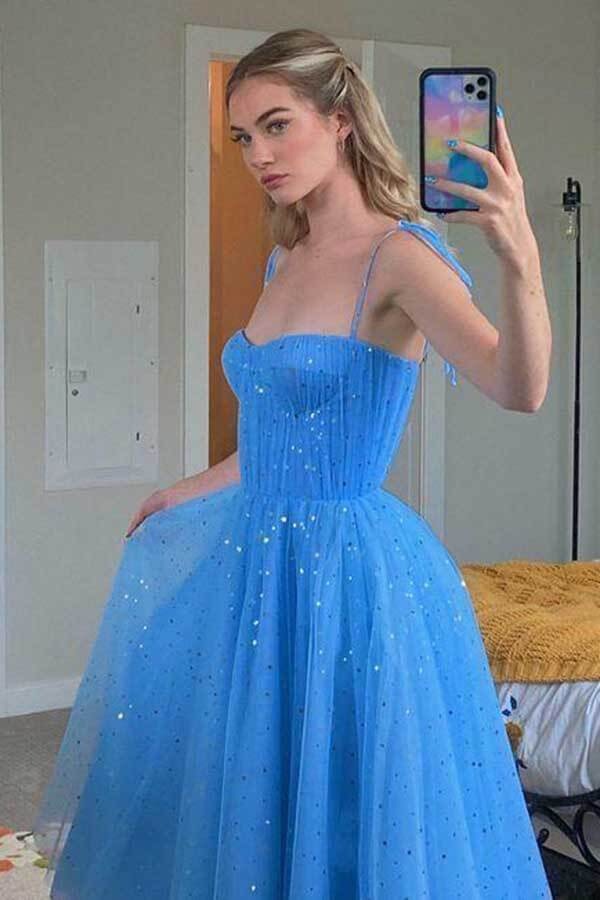 Tulle Sequins Tea Length Short Prom Dresses, Homecoming Dresses