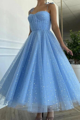 Tulle Sequins Tea Length Short Prom Dresses, Homecoming Dresses